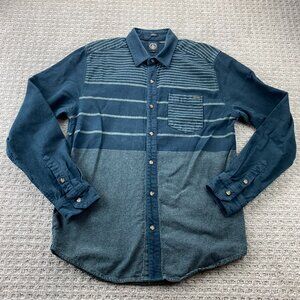 VOLCOM Shirt Men Large L Navy Blue Striped Heavy Cotton Slim Fit Button Up Polo